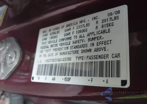 2008 Honda Accord 2.4 Lx из США, поврежденный, VIN 1HGCP26318A145786